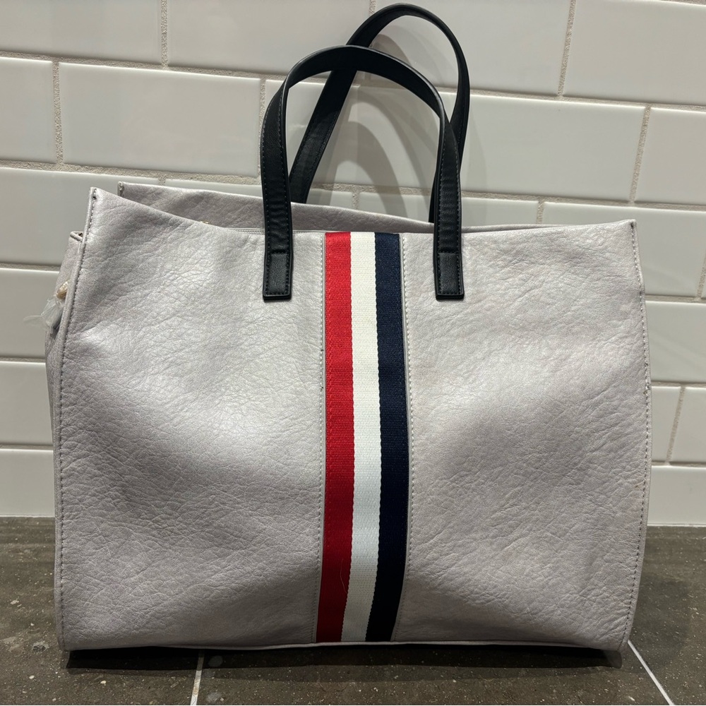 Moda Luxe Gray Travel Bag with Red and Blue Stripes